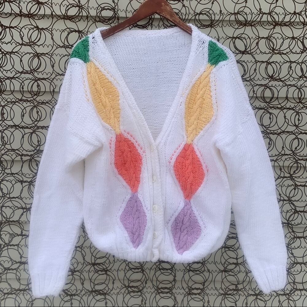 Vintage pastel knit argyle granny cardigan sweater salmon lilac yellow green LG?